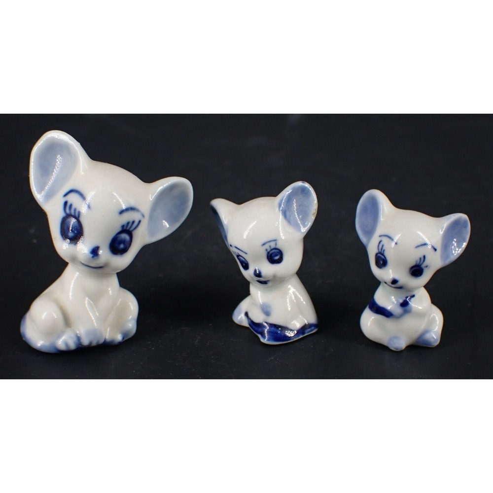 Vintage Miniature Porcelain Mice Cobalt Blue Polymorphic Three Blind Mice